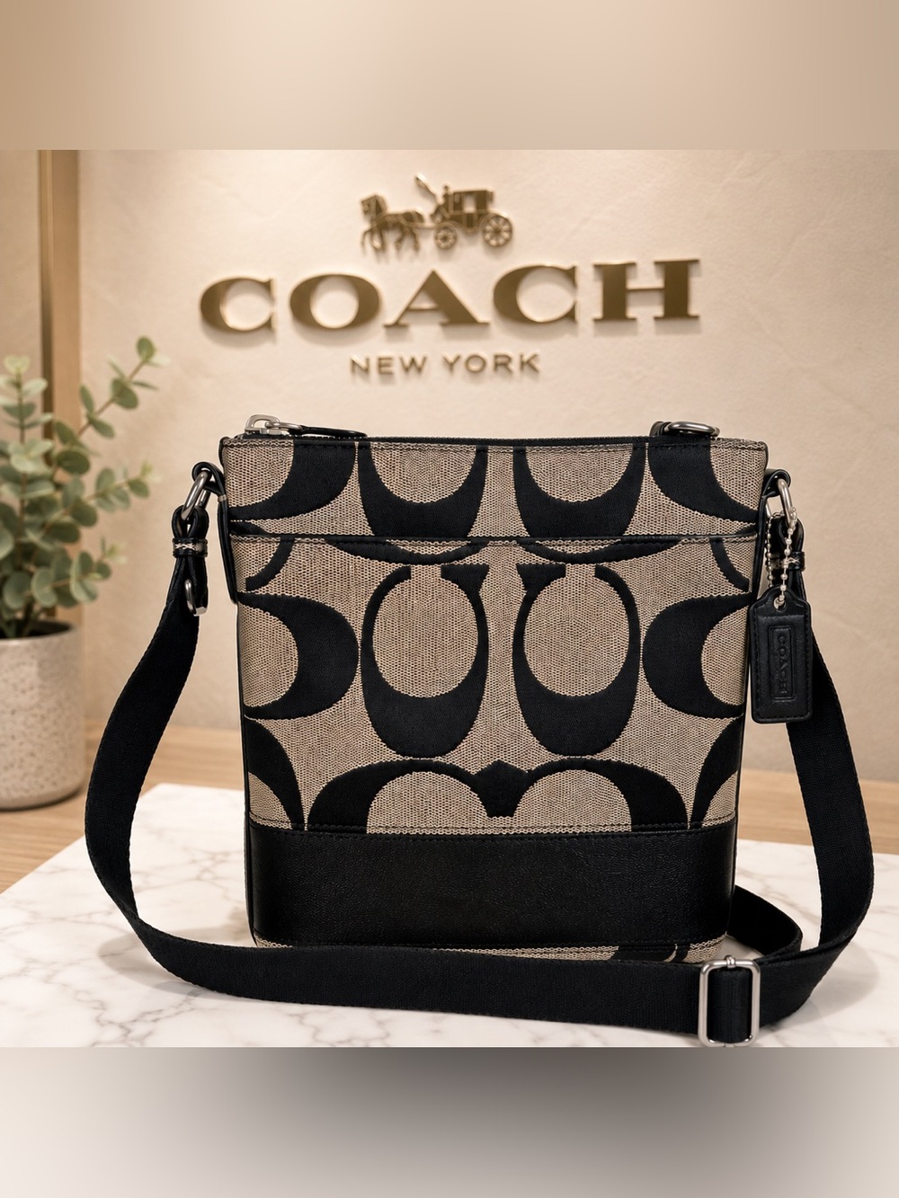 Coach Black & Tan Signature Canvas Crossbody